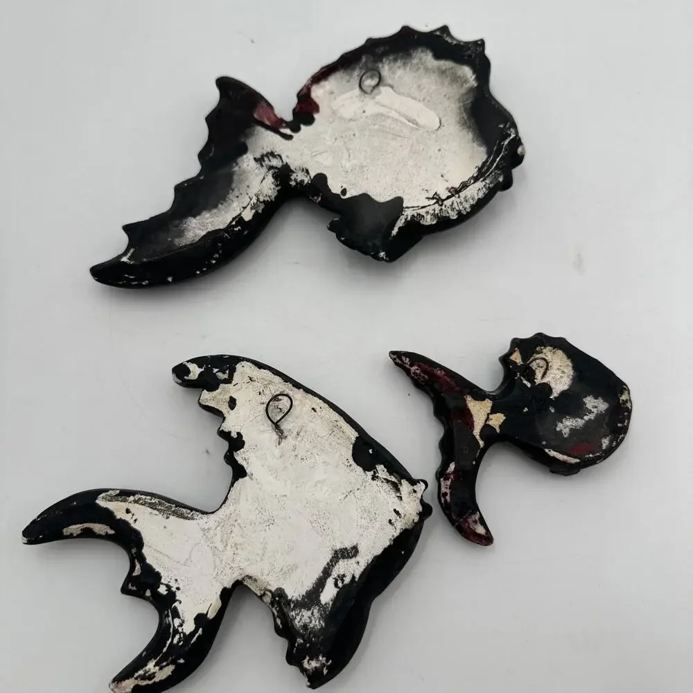Vintage MCM Set of 3 Black Chalkware Fish Plaques Wall Decor